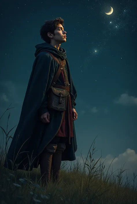 Young man in the year of the.Prof.1500 wearing a cloak and carrying a shoulder bag, standing and looking at the sky on the grass at night.