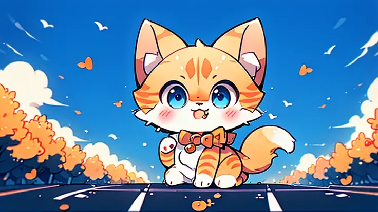 1cat, orange fur, blue eyes, city, confidently walking down the street on all fours, back towards viewer, centered, cute, absurdres, high res, ultrasharp, 8K, masterpiece, walking away from viewer, walking down the middle of the street, animal, cat, no man...