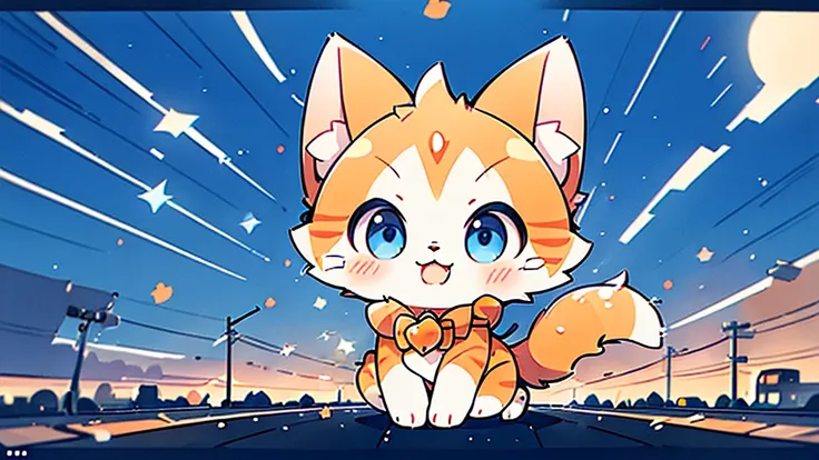 1cat, orange fur, blue eyes, city, confidently walking down the street on all fours, back towards viewer, centered, cute, absurdres, high res, ultrasharp, 8K, masterpiece, walking away from viewer, walking down the middle of the street, animal, cat, no man...