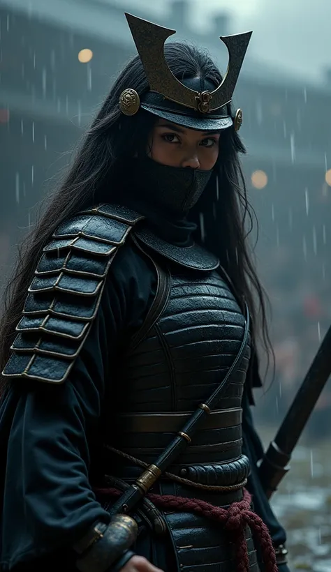 long-haired japanese young female fighter 、japanese noh mask 、black armor、japanese noh mask 、Interception posture 、provocative posing、raining, at battle arena 、night