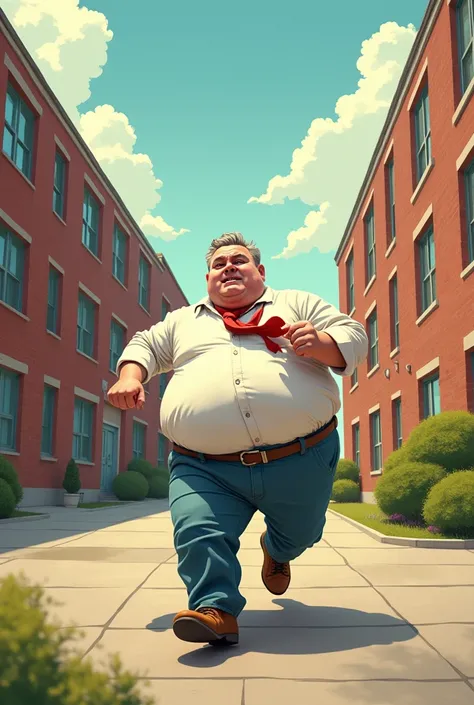 A fat man running away from school