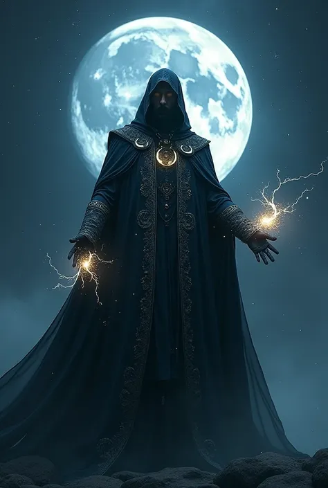 Celestial being man dressed in moon and comet theme with dark colors and lights emanating from his magic and glowing in the dark (all in the moonlight)