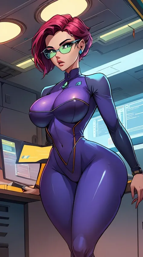 20 years old, Gwen Tennyson-Amor,Futuristic costume, tight clothing ,medium breasts, thin waist, thick thighs,full bodysuit With technology details, researcher pose, Technological glasses, Technology clip in hair. Sexy behavior ,