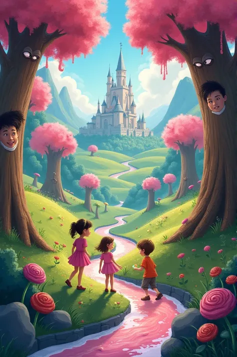 The magical world:Create a scene of how many children in a magical world with talking trees, rivers of sweets, cotton candy mountains and the castle on the horizon.