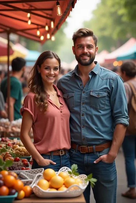 A woman and a man presenting their small business at a stand, realistic, without formal clothes and presenting his business