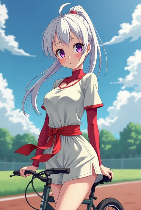 HD、Animation style、white hair 、Purple Eyes、girl、plump breasts 、High school student 、single ponytail、Baseball player、Light color short sleeve top、Long sleeve red underwear、Good shape、Thin、sash、Sky、cloud、sunny、Cycling、Navel exposed、dazzler、Breasts exposed、ni...