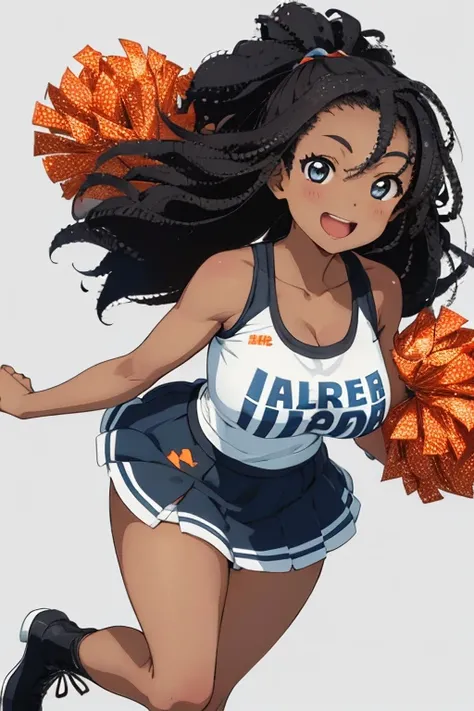 1 female, afro hair, black afro hair black girl afro hair, darker skin, brown skin, light blue eyes, huge breast, thick legs, cheerleader clothes, skirt, tank top, boots, happy face