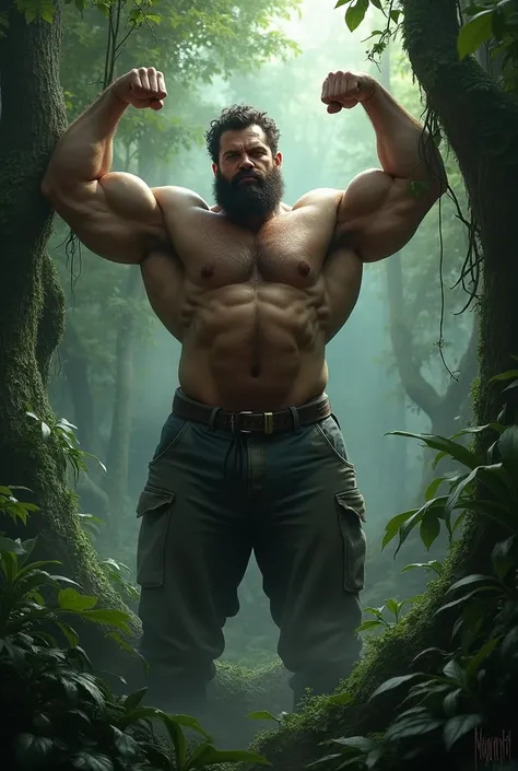 Loose male, muscular male, pants bulge, hairy chest, hairy armpits, arms up, musk clouds, lost in the forest