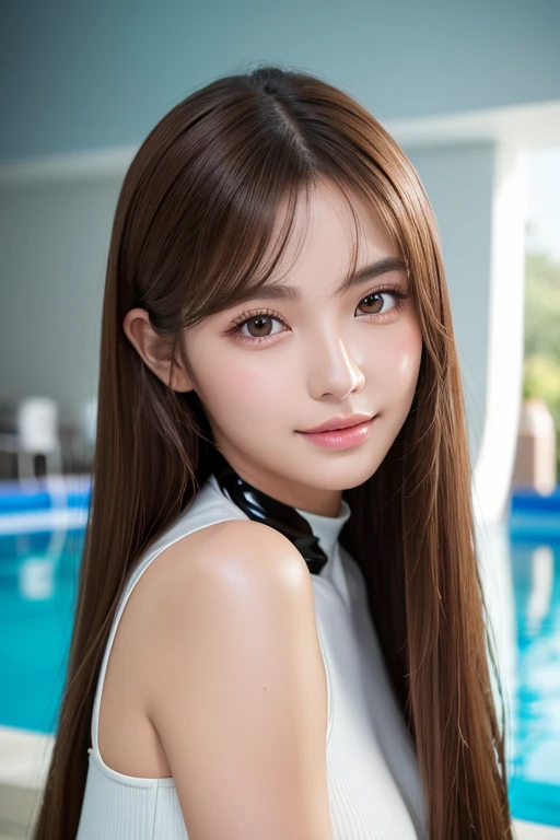 Latex bodysuit、Knee-high boots、Huge 、Face close-up、
Long brown hair、Shiny, Oily skin、Glowing Skin、Indoor competition pool、White skin、(RAW Photos), (Realistic), (masterpiece), (Highest quality), High resolution, 8k resolution, (Intricate details), (Lightwei...