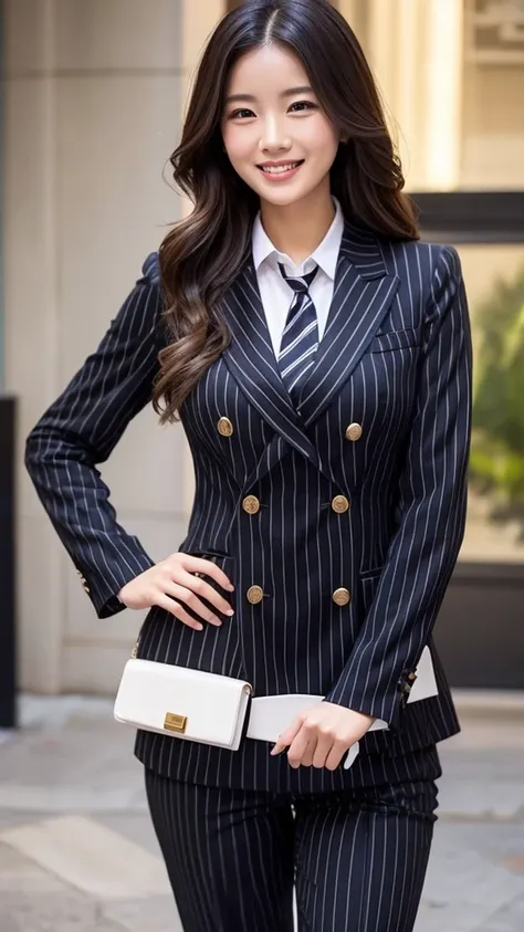 Big breasted woman in black top-of-the-line striped suit　tie　smile　