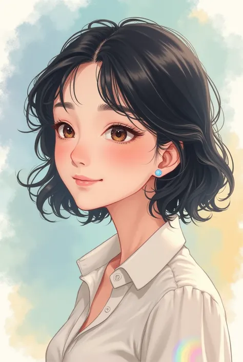 Medium Hair、Black Hair、Iris、Collared shirt、Close your eyes and smile、Fair skin、See who&#39;s watching、Watercolor、--niji 5 --style cute --ar 3:2 --s 100、Woman in her 50s、Simple Image