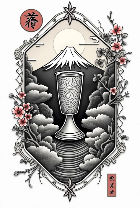 Please create a traditional Japanese style tattoo design and the following items must be included in the design:, un jigger
