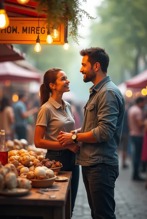 A woman and a man presenting their small business at a stand, realistic, without formal clothes and presenting his business