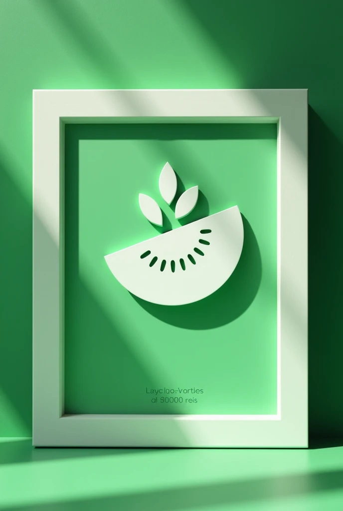 The image shows a framed award with a minimalistic design. It features a white frame around a green background with a geometric pattern. At the center, there is a stylized kiwi slice, composed of a curved white element with seed-like shapes above it. The t...