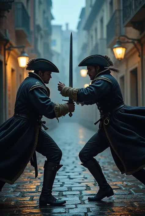 Two musketeers fighting at midnight