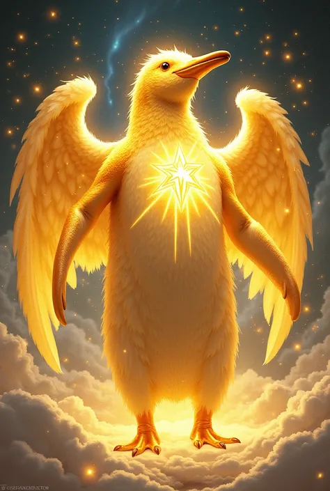 A golden angel type penguin man with a star on his chest super powerful