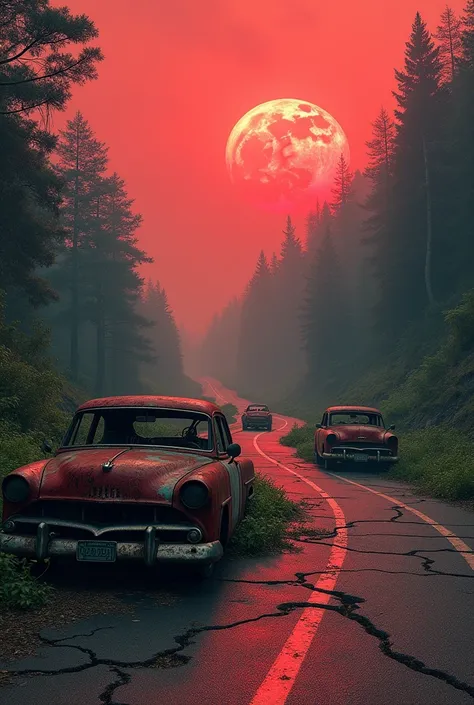 Destroyed and wide highway with vegetation invading the lane, and abandoned cars, apocalyptic scenario with lots of chaos and destruction, dark red sunset