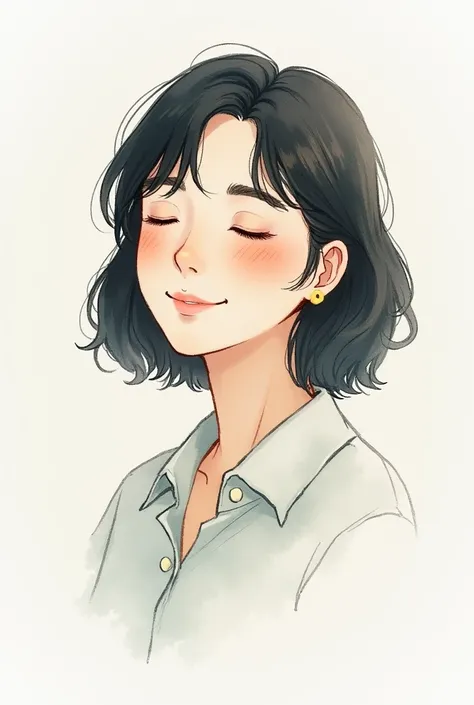 Medium Hair、Black Hair、Iris、Collared shirt、Close your eyes and smile、Fair skin、See who&#39;s watching、Watercolor、--niji 5 --style cute --ar 3:2 --s 100、50-year-old women、Simple Image