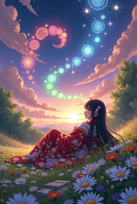 masterpiece, high-quality, Ethereal anime-style illustration of a young girl with long black hair featuring red highlights and striking golden eyes, reclining in an abundant flower meadow. Shes adorned in an elaborate red and white kimono with intricate, c...