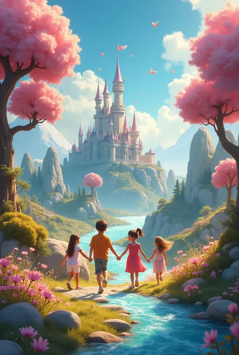 The magical world:Create a scene of how many children live in a magical world with happy trees, rivers of sweets, cotton candy mountains and a castle on the horizon 