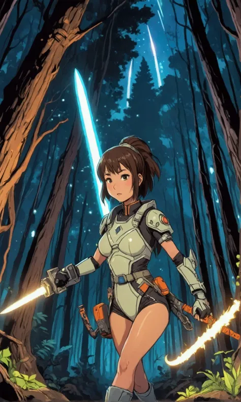 cute yuna (sexy space adventurer outfit, lots of blinking lights. sword with chainsaw blade), she is making her way through a dangerous alien forest to reach her rocket ship, night