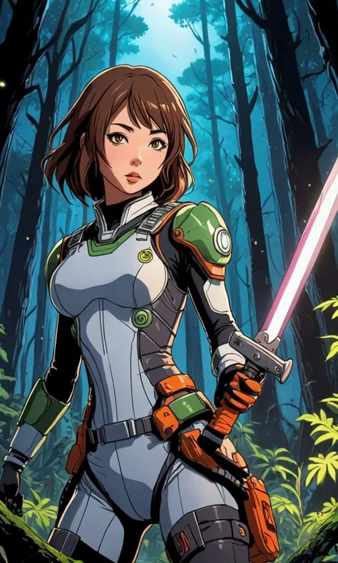 cute yuna (sexy space adventurer outfit, lots of blinking lights. sword with chainsaw blade), she is making her way through a dangerous alien forest to reach her rocket ship, night