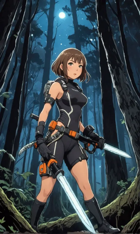 cute yuna (sexy space adventurer outfit, lots of blinking lights. sword with chainsaw blade), she is making her way through a dangerous alien forest to reach her rocket ship, night
