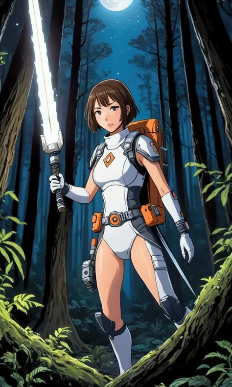 cute yuna (sexy space adventurer outfit, lots of blinking lights. sword with chainsaw blade), she is making her way through a dangerous alien forest to reach her rocket ship, night
