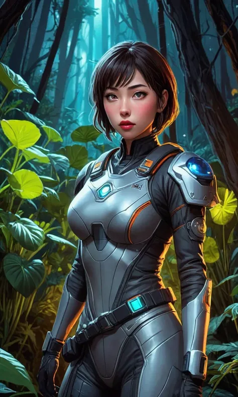 cute yuna, 1girl, detailed eyes, detailed lips, extremely detailed face, long eyelashes, sexy space adventurer outfit, lots of blinking lights, sword with chainsaw blade, dangerous alien forest, night, reaching rocket ship, cinematic lighting, 8k, high qua...