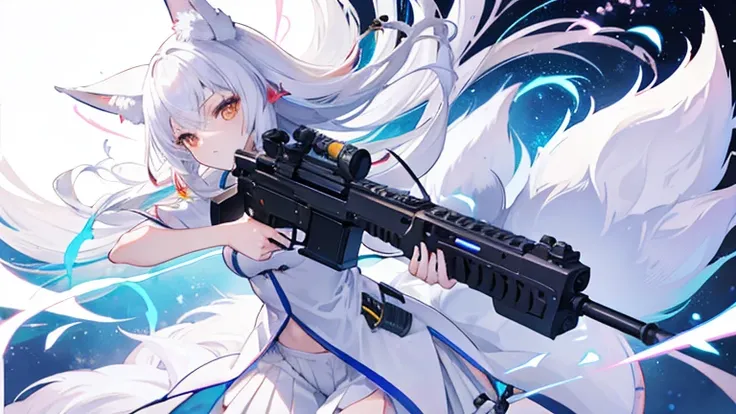 The nine-tailed white fox girl、He has a gun。