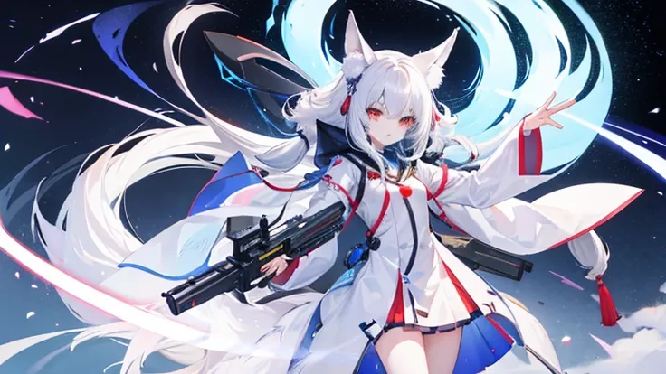 The nine-tailed white fox girl、He has a gun。