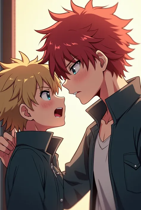 Rude red haired anime boy blushing cornering a boy a little shorter than him, pale yellow hair nervous 