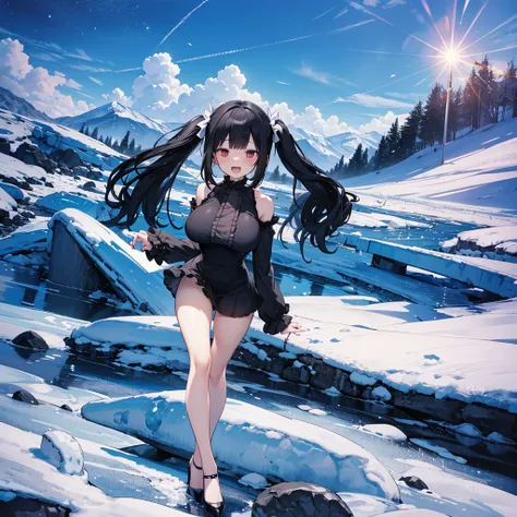 ice field, diamond dust, (solo), (1 skinny girl standing alone), swaying back, BREAK, black hair, (long two side up), red eyes, (bursting large breasts), bouncing large breasts, very short torso, skinny narrow waist, skinny legs, BREAK, (frilled very short...