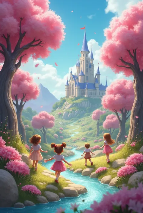 The magical world:Create a scene of how many children live in a magical world with happy trees, rivers of sweets, cotton candy mountains and a castle on the horizon 