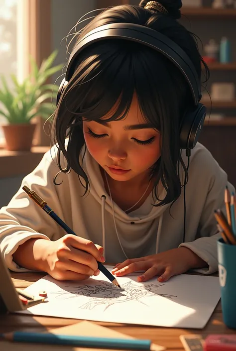 Drawing with headphones 
