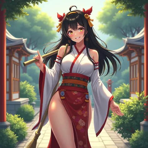 One girl,anime, sexy，Large Breasts, Black Hair, Very long hair, Golden Eyes, High resolution, Anatomically correct, accurate,Shrine maiden costume，Shrine garden in the early morning，With a bamboo broom， smile, 