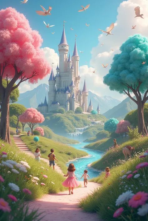 The magical world:Create a scene of how many children live in a magical world with happy trees, rivers of sweets, cotton candy mountains and a castle on the horizon 