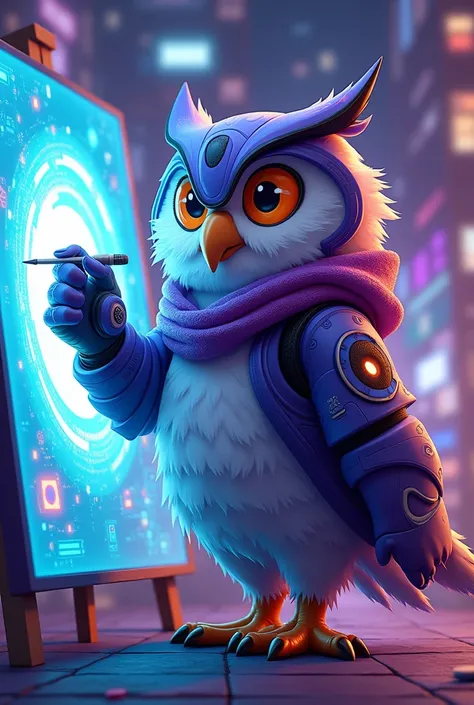 A portrait of a tall animated mascot-type character with artist features, Anime Style, the mascot is owl themed, purple, blue, black, artificial intelligence themed clothing, energetic and adorable mascot-type character, he is painting on a digital canvas ...