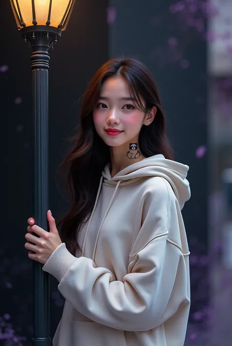 a beautiful young girl 2 Thailand is very beautiful,, If you&#39;re not pretty, you have to be pretty standing with a thin smile and long hair , wear beautiful young hoodie sweater clothes there is a panda tattoo.while hugging the lamp post very friendly.f...