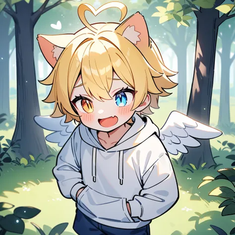 （masterpiece：1.2，high quality），8k，High resolution，A seven-year-old boy，cute boy，blonde hair，short hair， Heterochromia，slit pupils，heart ahoge，cat ears，halo on the head，（halo），laughing，skin fang，There are white angel wings behind，Wearing a white hoodie，Dark...