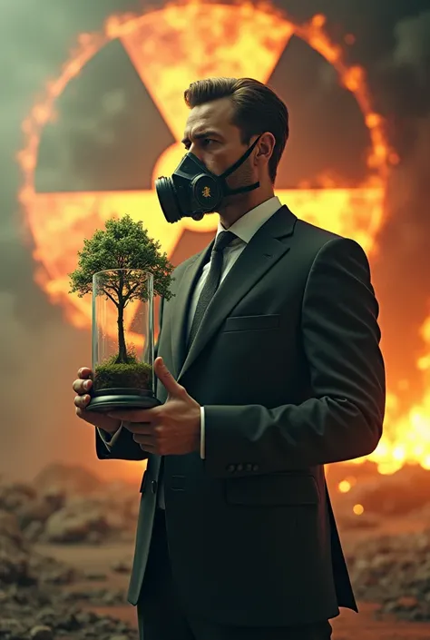 A man in a suit holding a glass with a tree inside the glass, with a gas mask attached to the glass to breathe, in the background smoke and fire, nuclear symbol on fire 