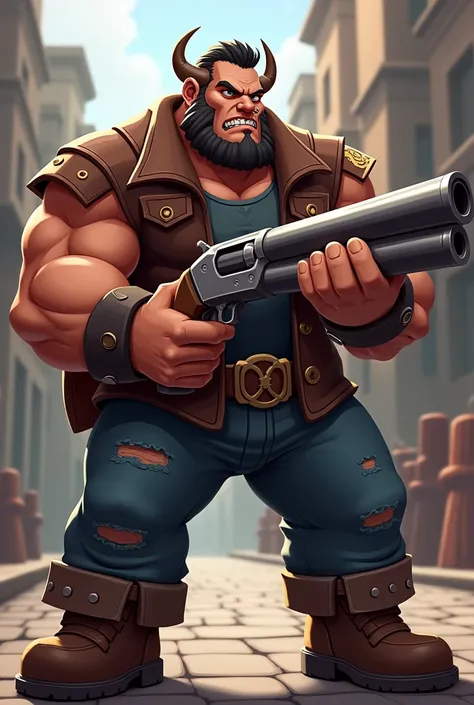 Bull from Brawl Stars holding a double-barrelled shotgun. Bull is a muscular biker man who is very aggressive and has a big nose ring. 