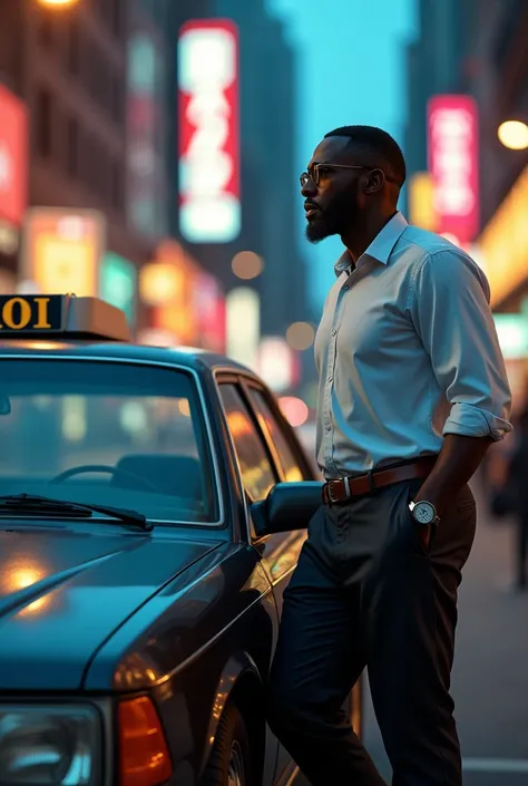 Generate an image of dark black man in a city waiting to pick a fare