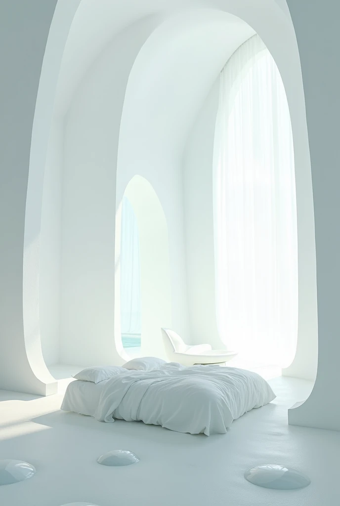 Create a divine room, a completely white celestial space that exudes a deep and serene peace. The walls are pure, immaculate white., with a slight sheen that reflects light in a soft and welcoming way. The ceiling is high and also white, with diffuse light...