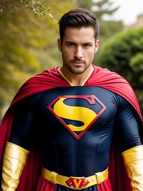 1man, A medium shot of a charismatic male fitness model, 30 years old, with short, neatly combed brown hair and a stubble short beard, black eyes, sexy and charming expression, captured in a Barcelona garden, walking in a superhero costume, is predominantl...