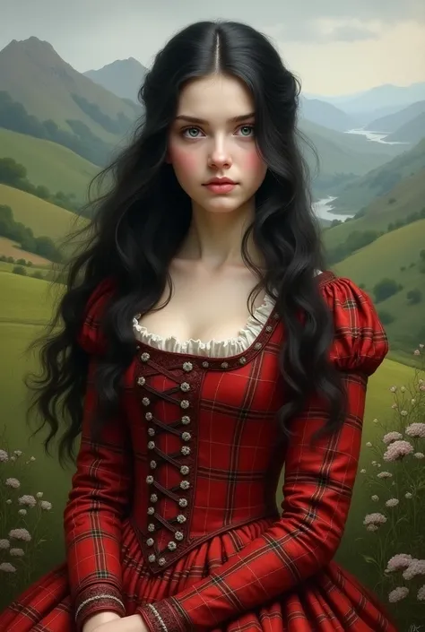 18th century Irish girl, white skin, blue eyes, long black hair wearing red tartan dress