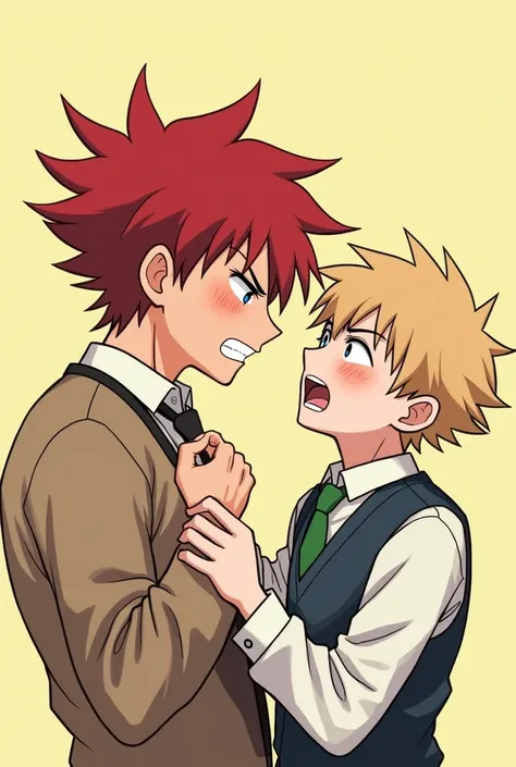 Rude red haired boy blushing on top of pale yellow haired boy holding him by the tie with a daring look 