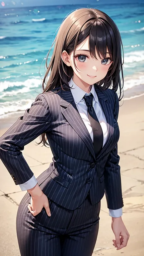 Woman wearing black top-of-the-line striped suit　tie　smile　