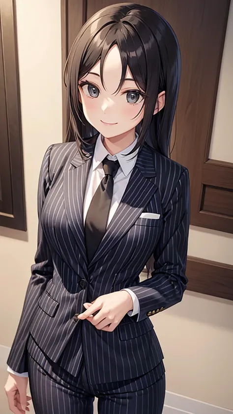 Woman wearing black top-of-the-line striped suit　tie　smile　