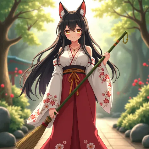 One girl,anime, sexy，Large Breasts, Black Hair, Very long hair, Golden Eyes, High resolution, Anatomically correct, accurate,Shrine maiden costume，Shrine garden in the early morning，With a bamboo broom， smile, Jade Branch of Horai, Fox mask on head, 